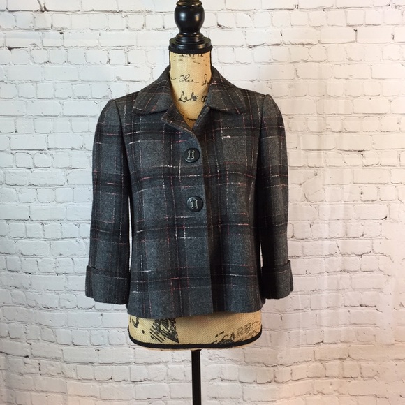 Tahari Gray Pink Plaid Short Jacket Wool Blend - Picture 2 of 6
